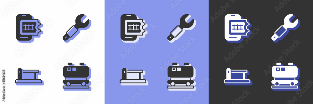 Set Oil railway cistern, Online ticket booking, Railway barrier and Wrench spanner icon. Vector Set Oil railway cistern, Online ticket booking, Railway barrier and Wrench spanner icon. Vector
