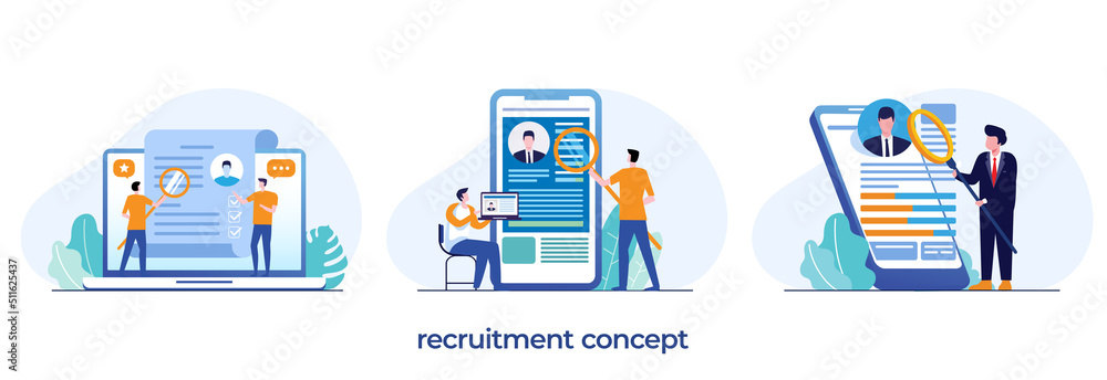 recruitment concept, online hiring, HR, human resource, employment, recruiting, we are hiring, flat illustration vector