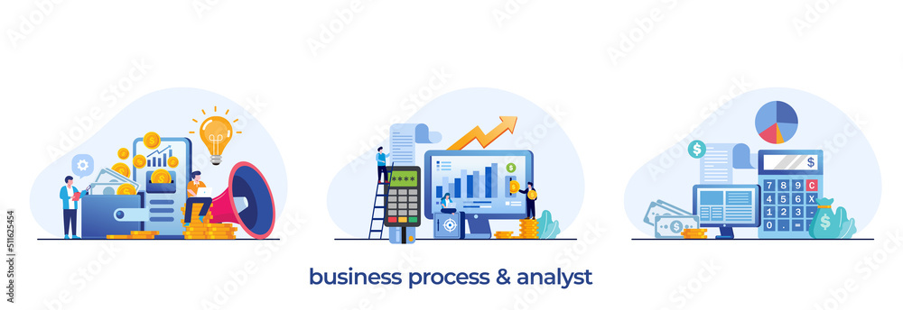 business process and analyst, goal and target, business plan, financial, marketing, investment, flat illustration vector