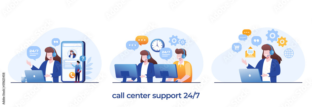 call center concept, hotline, helpline, assistant, customer service 24 hours, contact us, flat illustration vector
