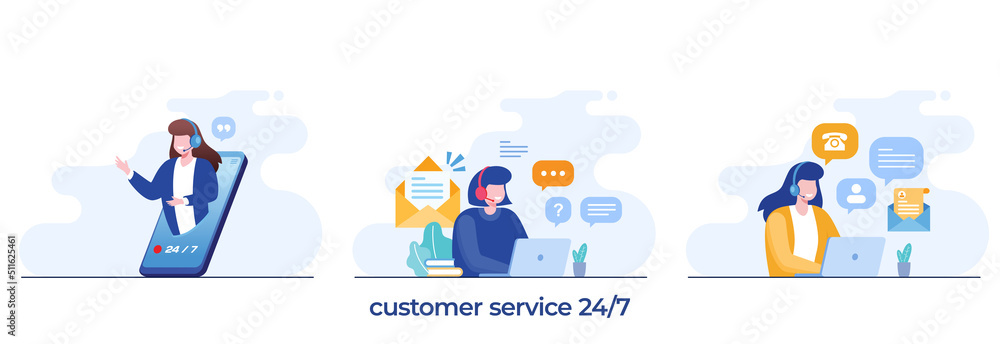 Customer service 24 hours, call center concept, women with microphone, assistant response, flat vector illustration Customer service 24 hours, call center concept, women with microphone, assistant response, flat vector illustration