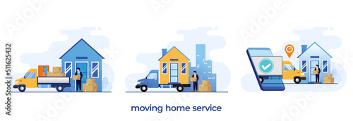 moving home service, truck, courier, transport, shipment, delivery services, flat illustration vector
