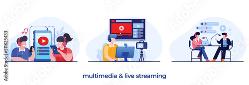 multimedia and live streaming, podcast, music, blogging, broadcasting, flat illustration vector