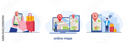 online maps, destination, application maps, route, street, address, flat illustration vector