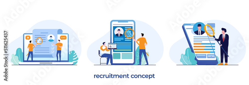 recruitment concept, online hiring, HR, human resource, employment, recruiting, we are hiring, flat illustration vector
