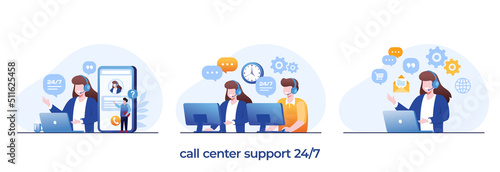 call center concept, hotline, helpline, assistant, customer service 24 hours, contact us, flat illustration vector