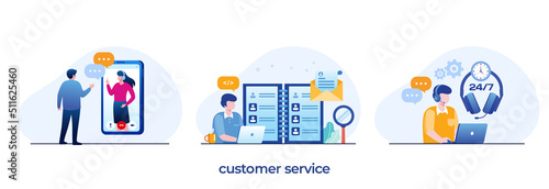 Customer service 24 hours, call center concept, women with microphone, assistant response, flat vector illustration