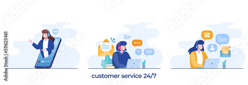 Customer service 24 hours, call center concept, women with microphone, assistant response, flat vector illustration