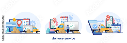 delivery services concept, online delivery application, worldwide express deliver, shopping package flat illustration vector