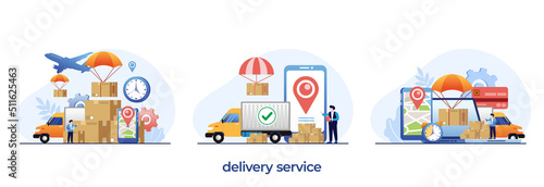 delivery services concept, online delivery application, worldwide express deliver, shopping package flat illustration vector