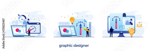 graphic designer concept, job freelance, illustrator, art, editor, skills, ui and ux flat illustration vector