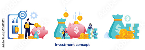investment concept, growth, investor, financial investing, saving wallet, banking, piggy bank, flat design illustration vector