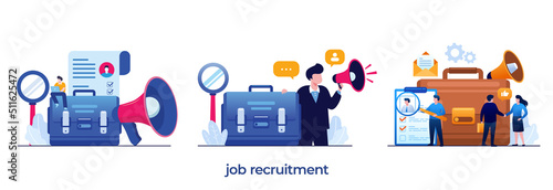 job recruitment, hiring, job agency, career, we are hiring, recruit, employment, flat design illustration