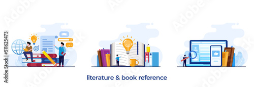 literature and book reference, education concept, knowledge, book library, flat illustration vector