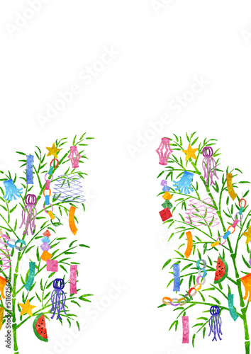 七夕の笹飾りの水彩風ベクター白背景