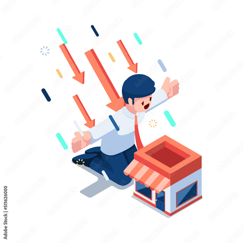 Isometric Businessman Protect Shopping Store from Falling Arrows Isometric Businessman Protect Shopping Store from Falling Arrows