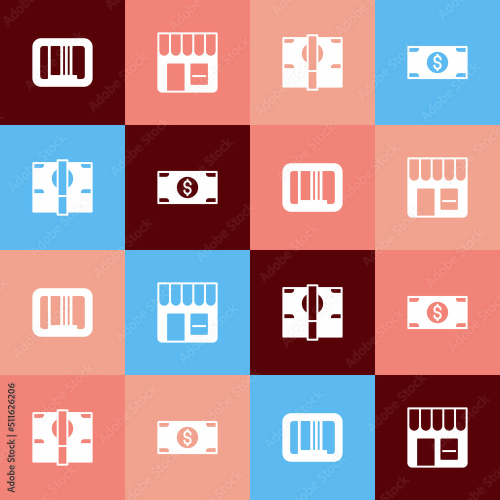 Set pop art Barcode, Market store, Stacks paper money cash and icon. Vector Set pop art Barcode, Market store, Stacks paper money cash and icon. Vector