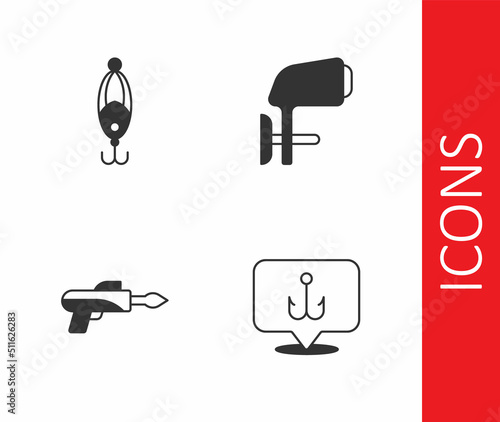 Set Fishing hook, lure, harpoon and Outboard boat motor icon. Vector