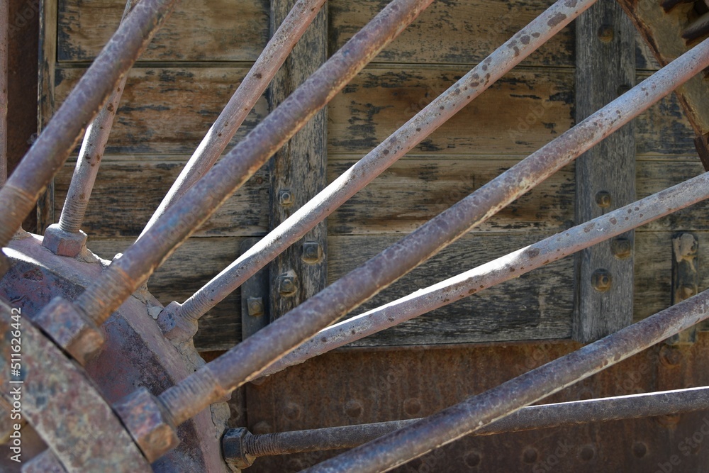 Iron spokes on a vintage wagon wheel
