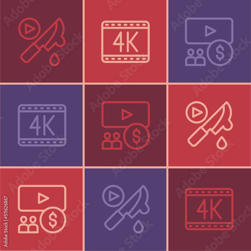 Set line Thriller movie, Cinema auditorium with screen and 4k icon. Vector