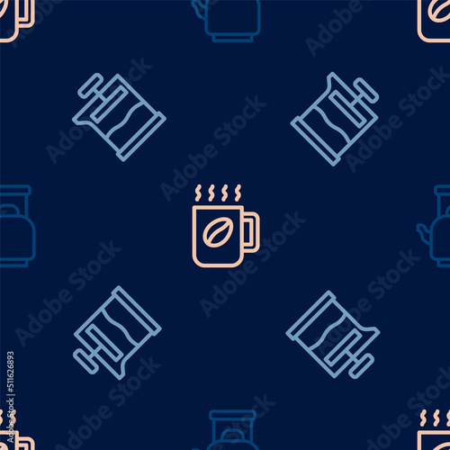 Set line Kettle with handle, French press and Coffee cup on seamless pattern. Vector