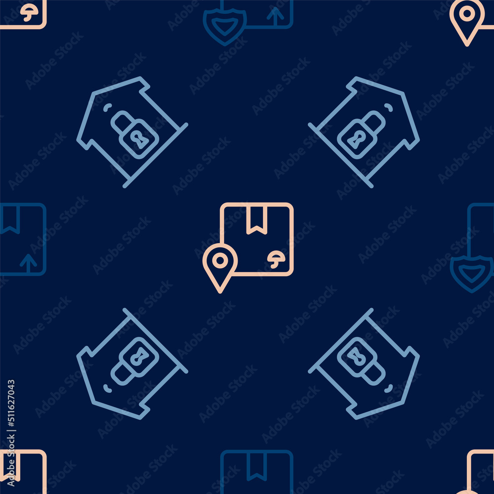 Set line Delivery security with shield, Closed warehouse and Location cardboard box on seamless pattern. Vector Set line Delivery security with shield, Closed warehouse and Location cardboard box on seamless pattern. Vector