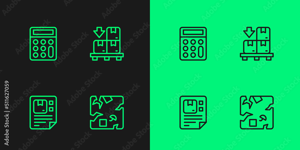 Set line Broken cardboard box, Waybill, Calculator and Cardboard boxes on pallet icon. Vector Set line Broken cardboard box, Waybill, Calculator and Cardboard boxes on pallet icon. Vector