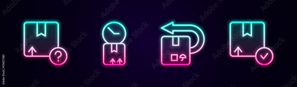 Set line Carton cardboard box, Cardboard with clock, Return and . Glowing neon icon. Vector Set line Carton cardboard box, Cardboard with clock, Return and . Glowing neon icon. Vector