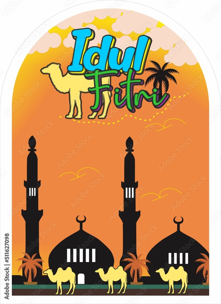 Illustration of Eid Al-Fitr Background Happy Eid Al-Fitr Or Aidil Fitri, Happy Eid and Camels and Date Trees