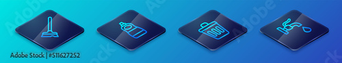 Set Isometric line Trash can, Mop, Water tap and Dishwashing liquid bottle icon. Vector