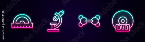 Set line Protractor grid, Microscope, Molecule and CD DVD disk. Glowing neon icon. Vector