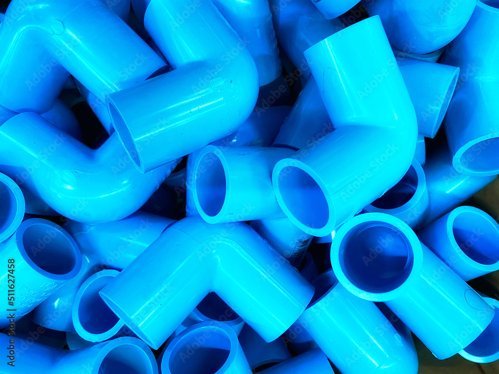 Blue PVC pipe set, separate on a white background, blue plastic water pipe, PVC accessories for