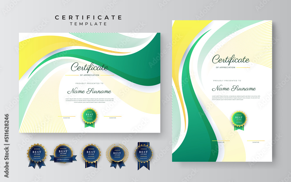 Modern green and yellow certificate of achievement award template with ...