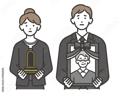 喪服を着て遺影と位牌を持つ男女の夫婦のベクターイラスト素材／夫婦／葬儀／法事