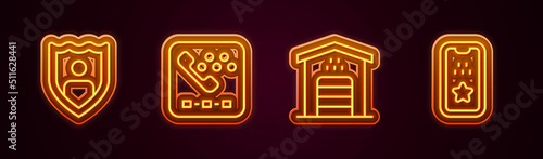 Set line Life insurance with shield, Taxi call telephone service, Garage for taxi car and mobile app. Glowing neon icon. Vector
