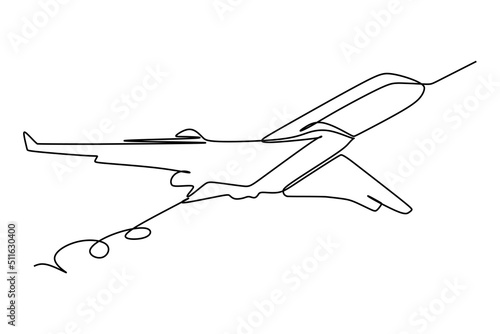 Single line drawing : commercial airplane takeoff and climb. Takeoff is the phase of flight in which an aerospace vehicle leaves the ground and becomes airborne. Vector illustration for transportation