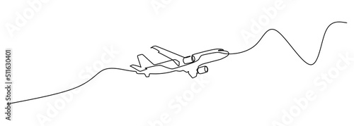 Single line drawing : commercial airplane takeoff and climb. Takeoff is the phase of flight in which an aerospace vehicle leaves the ground and becomes airborne. Vector illustration for transportation