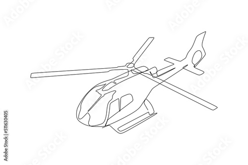 single continuous line drawing of a helicopter flying. Hand drawing style for transportation concept