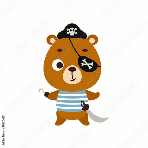 Cute little pirate bear with hook and blindfold. Cartoon animal character for kids t-shirts  nursery decoration  baby shower  greeting card  invitation  house interior. Vector stock illustration