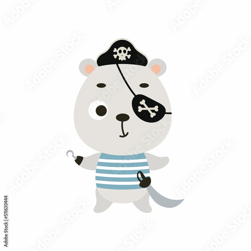Cute little pirate polar bear with hook and blindfold. Cartoon animal character for kids t-shirts, nursery decoration, baby shower, greeting card, invitation, house interior. Vector stock illustration