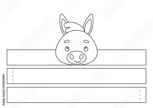 Printable donkey paper crown. Fun accessory for entertainment. Diy cut party ribbon template for birthday, christmas, baby shower. Print, color, cut and glue. Vector stock illustration.