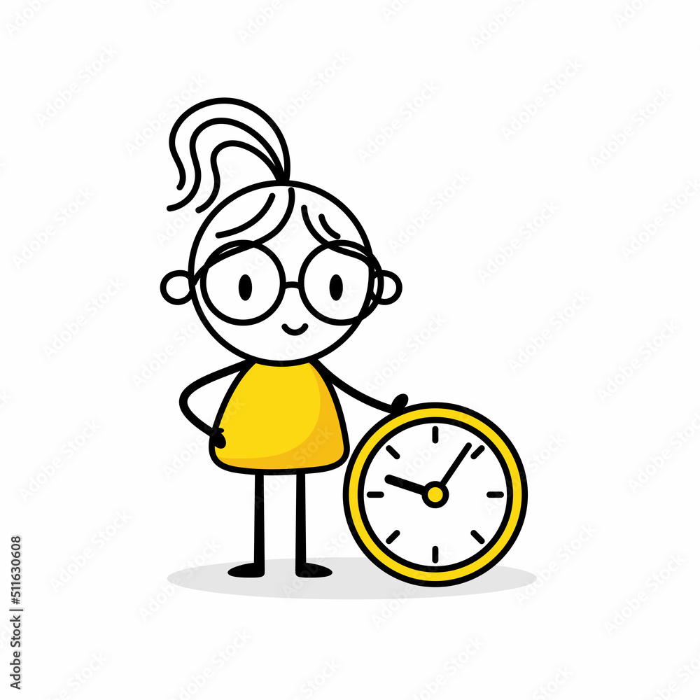 Businesswoman leaning on a clock on white background. Hand drawn doodle woman. Vector stock illustration Businesswoman leaning on a clock on white background. Hand drawn doodle woman. Vector stock illustration