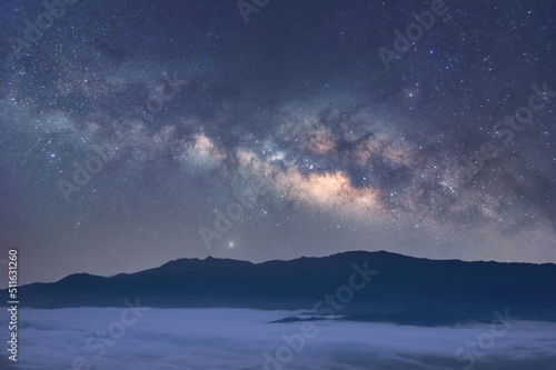 Milky way galaxy with stars and space dust in the universe, long speed exposure, Night landscape with colorful Milky Way, Starry sky at summer, Beautiful Universe, Space background.