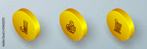 Set Isometric line Leprechaun boot, Glass of beer and Harp icon. Vector