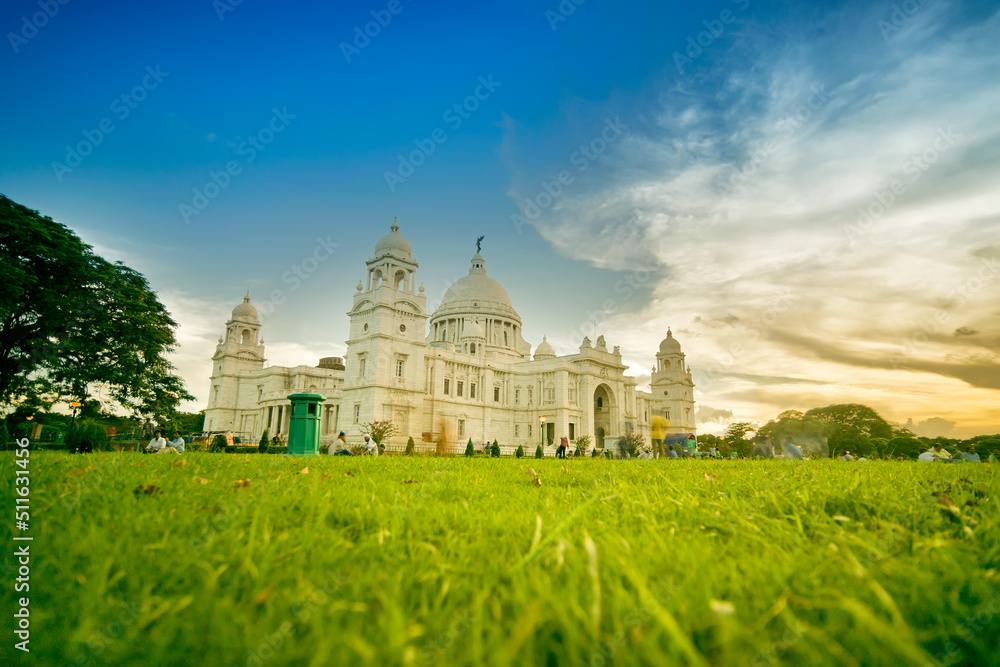 Sunset at Victoria Memorial, Kolkata , Calcutta, West Bengal, India . A Historical Monument of Indian Architecture. Built to commemorate Queen Victoria's 25 years reign in India.