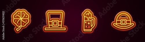 Set line Four leaf clover, Leprechaun hat, Glass of beer and . Glowing neon icon. Vector