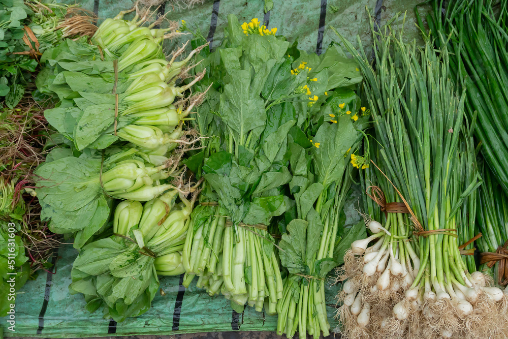 Obraz premium Leaf vegetables, also called leafy greens, salad greens,vegetable greens, or simply greens, are plant leaves eaten as a vegetable, for sale in a market in Territy Bazar, Kolkata, West Bengal, India.