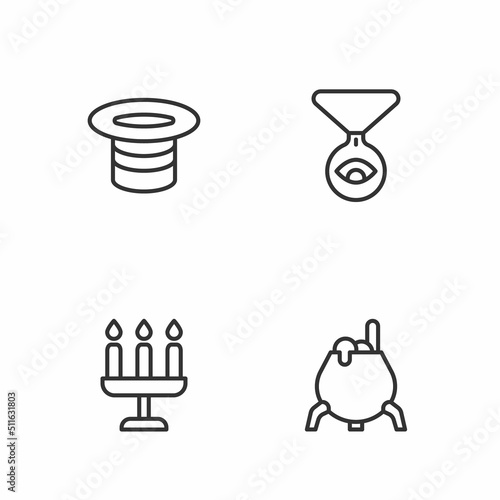 Set line Witch cauldron  Candlestick  Magic hat and Medallion chain with eye icon. Vector