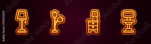 Set line Floor lamp, Furniture nightstand with and Office chair. Glowing neon icon. Vector