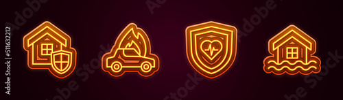 Set line House with shield, Burning car, Life insurance and flood. Glowing neon icon. Vector